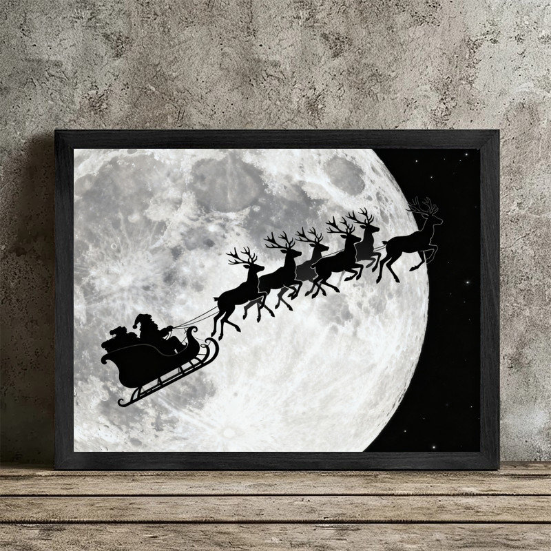 Art mural noir en forme de traîneau de père Noël moderne, impression de scène de Noël dramatique au clair de lune