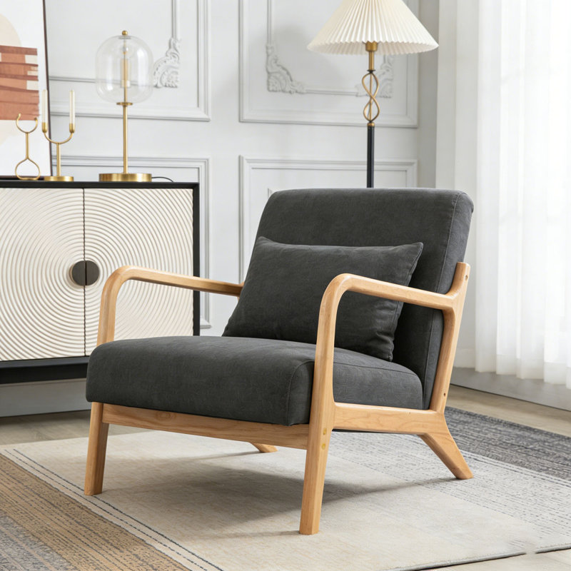 Chaise d'appoint moderne avec structure en bois, Lin de coton, Gris