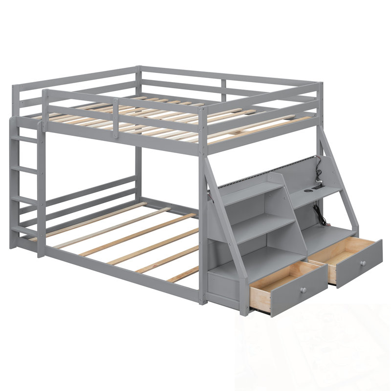 Lit superposé double avec lumières DEL, ports USB, tablettes de rangement et 2 tiroirs, Gris