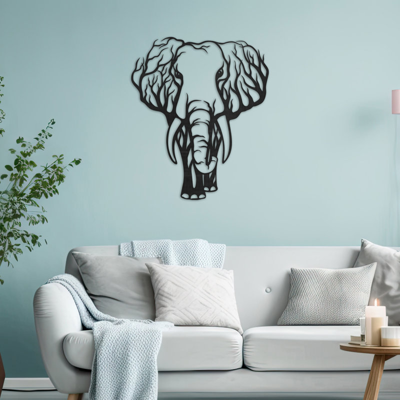 Éléphant, art mural en forme de branches d'arbre - ACM, H 32 po x l 26,7 po x P 0,25 po, Noir