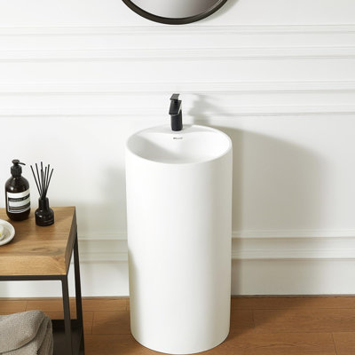Contemporary Solid Surface Pedestal Sink Basin 66S - 08 For Bathroom, 17.84" Depth, 35.91" Product Height, Resists Stains And Scratches, Space Saving Installation Style Bathroom 08, To Ideal Hotel