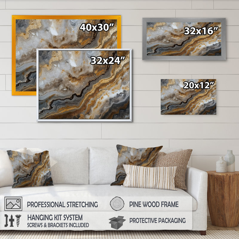 Or et gris, effet de marbre I - art mural abstrait en marbre, Cadre simple noir, H 12 po x l 20 po x P 1 po