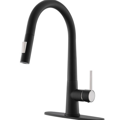 Pull Out Kitchen Faucet, Black, Single Handle, Deck Plate Included, Contemporary, Ceramic Filler, Brass Faucet For Kitchen, Black Color, Plate, Filled,