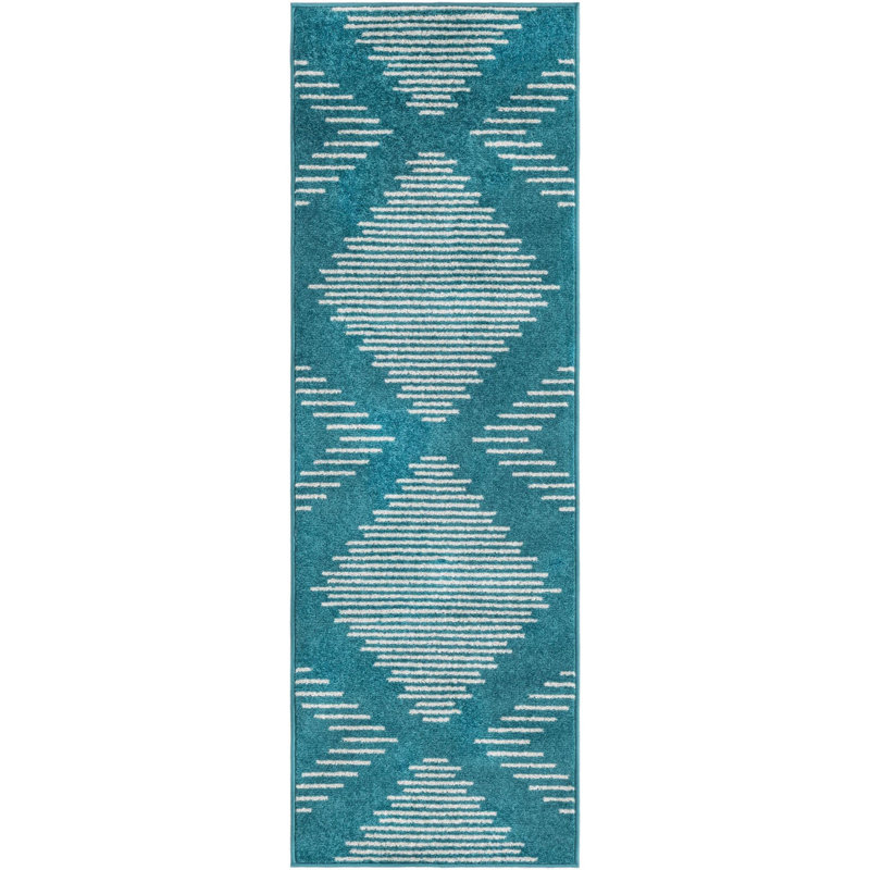 Tapis géométrique tissé à la machine en polypropylène turquoise, Tapis de couloir 2 pi x 6 pi
