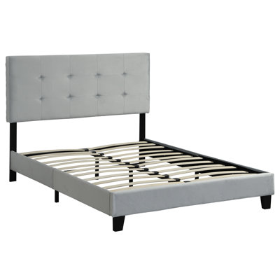 Structure de lit tapissier pleine grandeur avec tête de lit, support en bois massif, base de matelas, facile à assembler, gris, sans sommier, assemblage simple requis, capacité de charge maximale de 600 lb