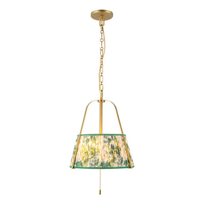 Scout 13-in Brushed Gold Pendant with Patterned Pleated Green Linen Shade