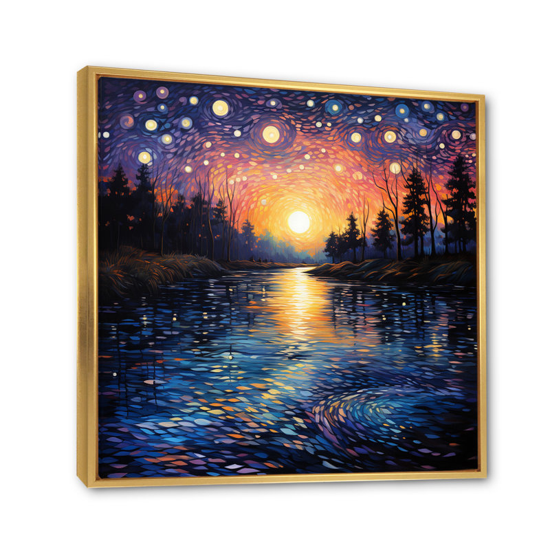 «Vangogh Twilight Reflections Pointillism - Vangogh Wall Art» par Vincent Van Gogh, peinture, H 36 po x l 36 po, Doré
