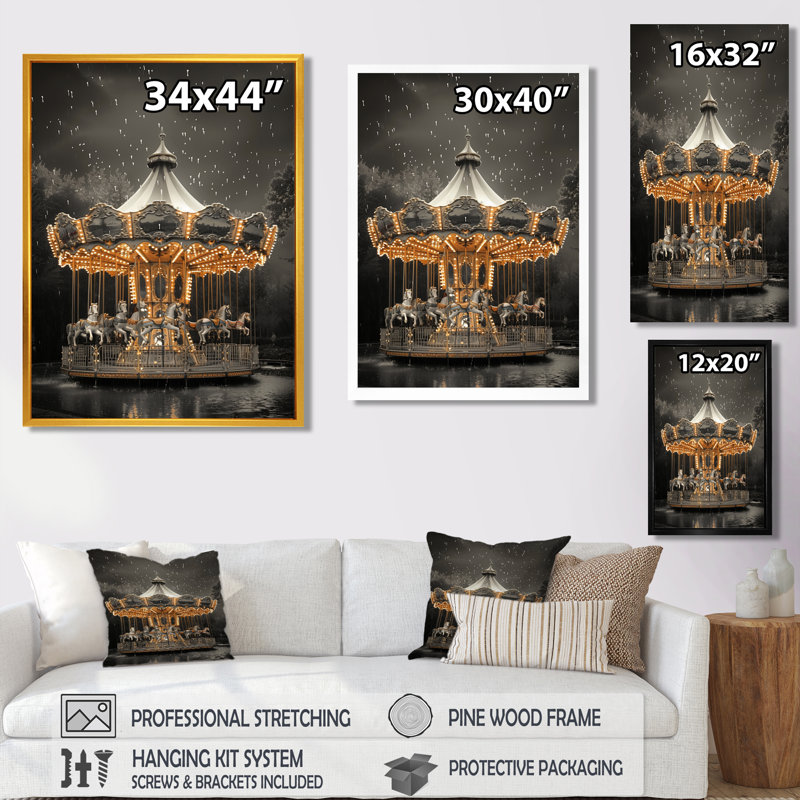 Carrousel monochrome jaune et gris d'été - Carrousel, impression d'art mural, Toile avec cadre flottant noir