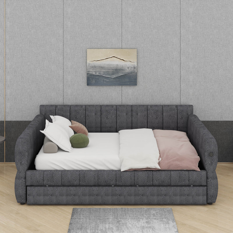 Queen Size Upholstered Platform Bed Frame With USB Ports & Trundle, Modern Sherpa Fabric Daybed Frame With Armrests, Gray