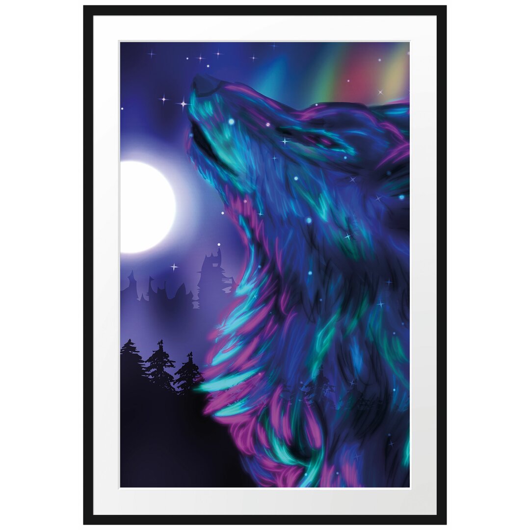 Gerahmtes Poster Abstrakter Wolf mit Mond