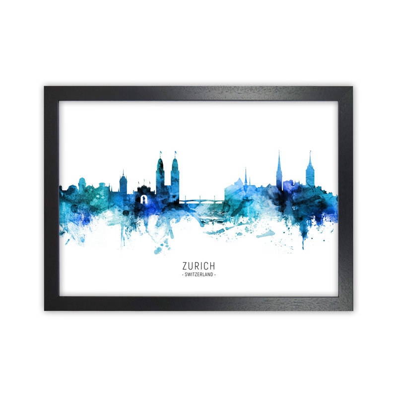 Zurich Switzerland Skyline Blue City Name by Michael Tompsett - Print, Black Framed, 25cm H x 34cm W x 3cm D