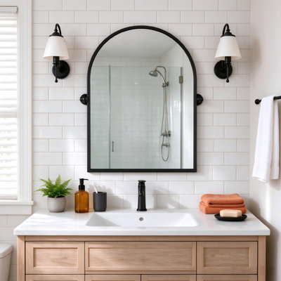 Arched Metal Framed Pivot Wall Mirror Bathroom Mirror Dresser Mirror, 91×61 cm/80×60 cm