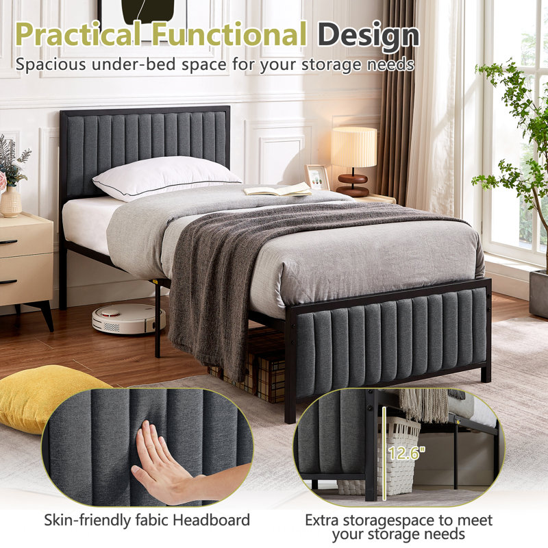 Ensemble de 2 bases de lit tapissier simple avec tête de lit rembourrée, lit plateforme à lattes en métal robuste, rangement sous le lit, gris
