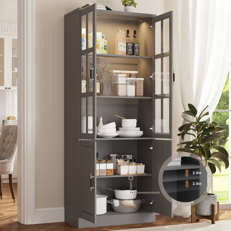 Armoire de rangement de cuisine avec lumières à DEL, hauteur de 78,7 po avec portes et tiroirs en verre, armoire utilitaire autoportante (l 31,5 po x P 15,7 po)