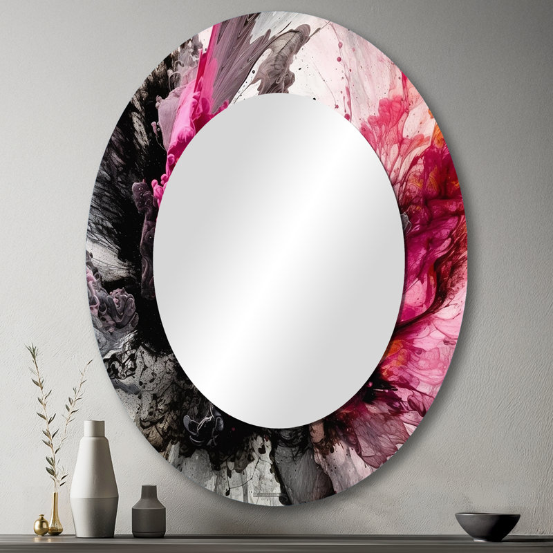 Black Gold Marble Splash V - Abstract Oval Decorative Mirror On Metal, 43" x 33"