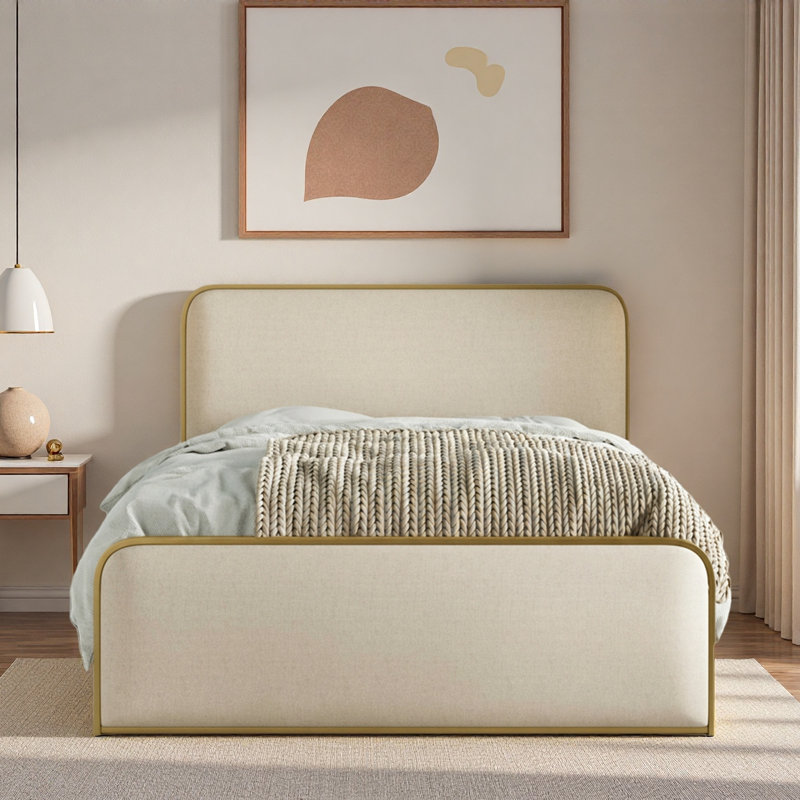 Lit moderne en métal avec tête de lit tapissier courbée et rangement sous le lit, Beige/or