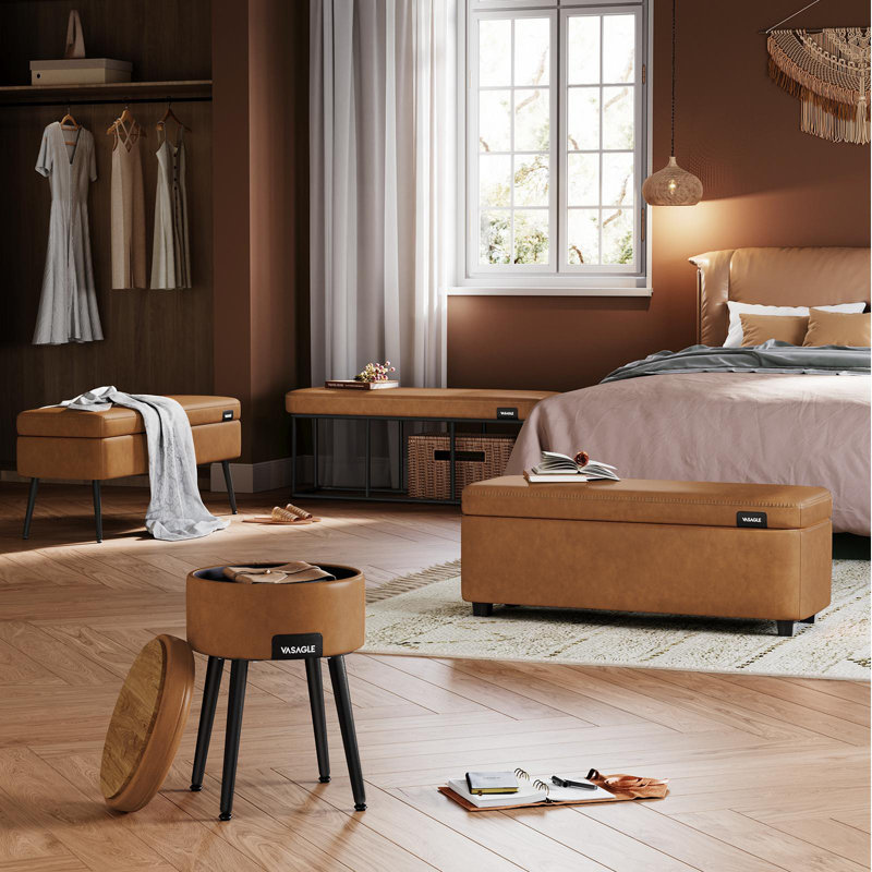Banc de rangement en cuir, Avancé, Brun caramel