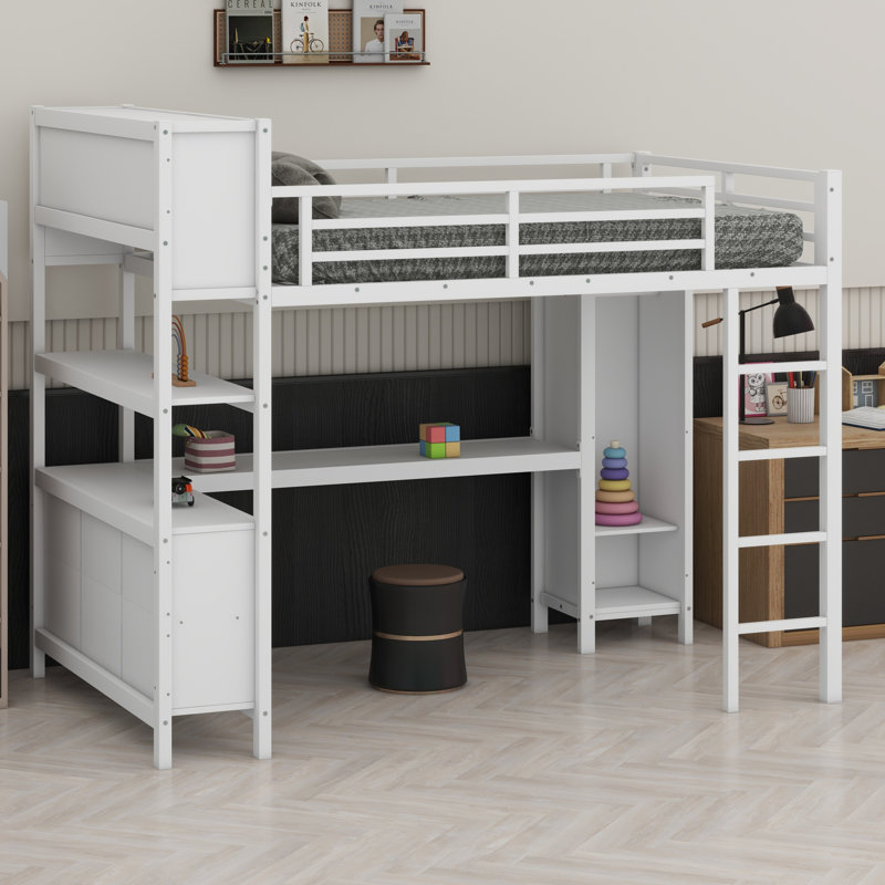 Lit mezzanine en métal avec garde-robe et bureau en L, avec cubes de rangement et tablettes, Blanc