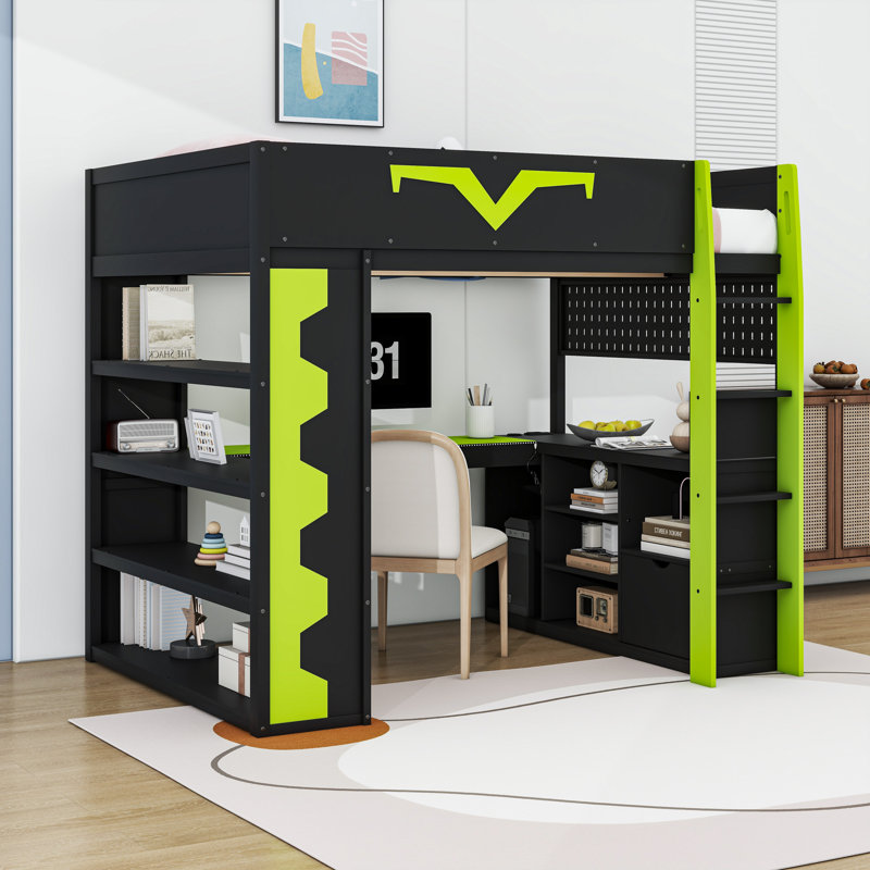 Lit mezzanine double en bois avec bureau intégré, tablettes et tiroir, Noir/vert