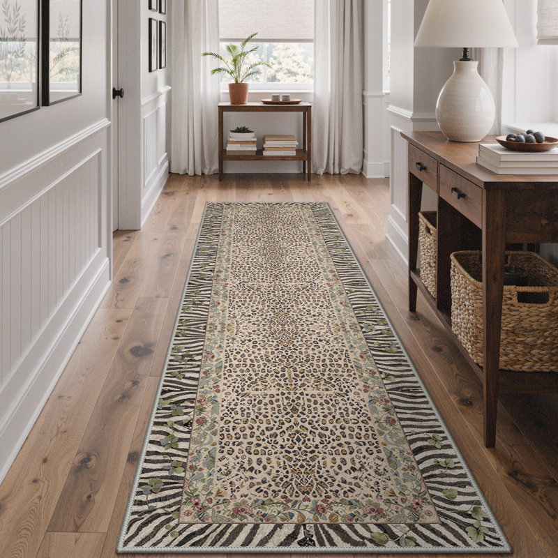 Alissa Liora Boho Leopard Floral Machine Washable Brown / Green / Beige Indoor Area Rug with Non-Slip Backing