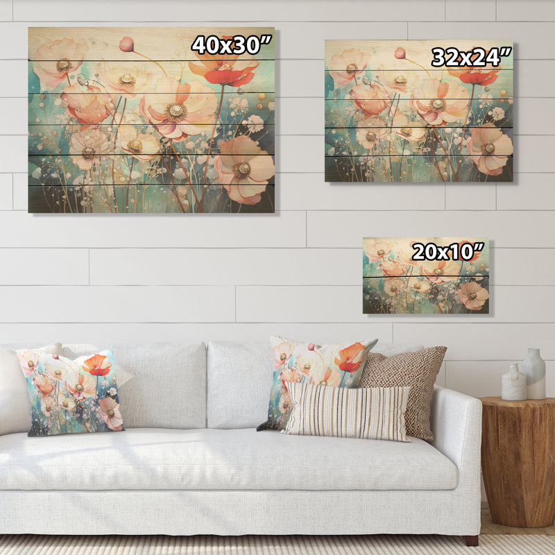 Vibrant Floral Oasis Field I - Flower Wood Wall Art On Natural Pine Wood, 10" H x 20" W