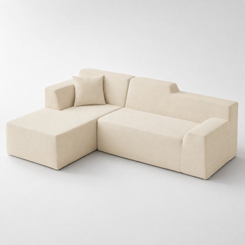 Canapé d'angle modulaire en velours côtelé en forme de L avec dossier haut, Face à la gauche, Polyester beige