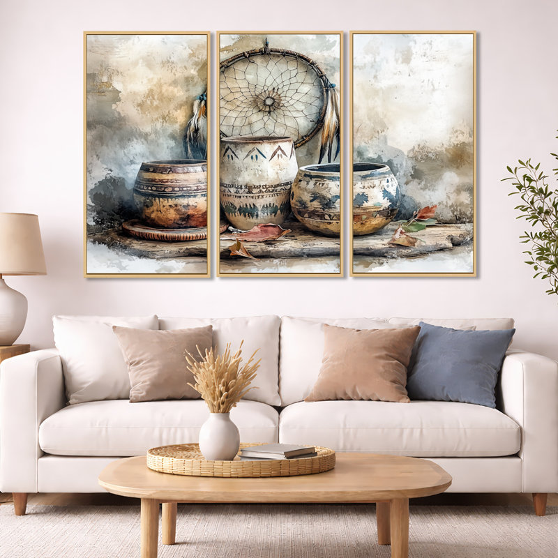 «Native Art Pottery Desert Serenity II - Boho Pottery», ensemble de 3 reproductions d'art mural, H 40 po x l 60 po x P 1 po