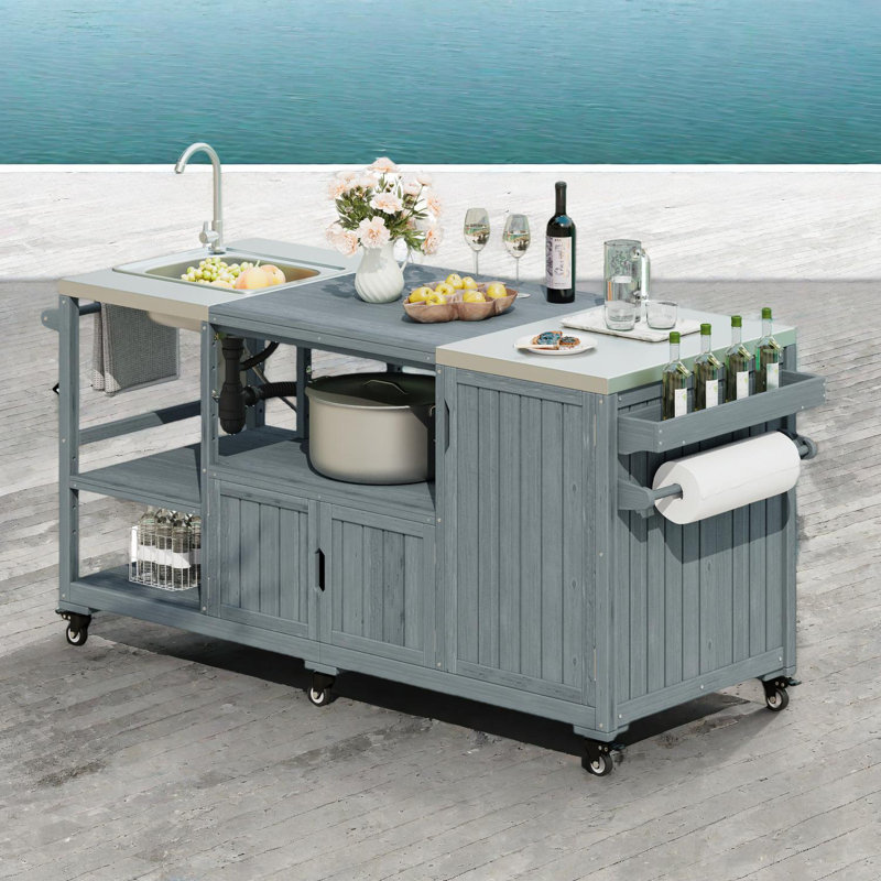Îlot de cuisine extérieur 75,4 po, chariot à roulettes pour œuf vert XL, plateau en acier inoxydable, Bleu gris