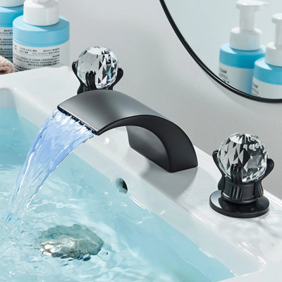Matte Black Hydro-Powered LED Waterfall Faucet, 3 Hole Deck Mount Crystal Handle Bathroom Sink Faucet