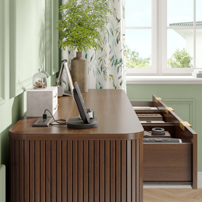 Fluted 7 Drawers Dresser with Charging Station, 57" Wide Mid-Century Wood Chest of Drawers with Curved Profile Design for Bedroom (Walnut)