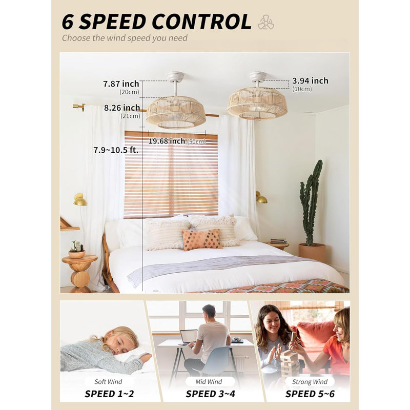 20" Bohemian Rattan Ceiling Fan With Dimmable LED Light, 6 Speeds & Remote Control For Bedroom/Nursery
