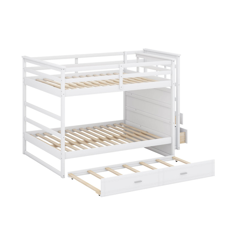 Lit superposé double avec lit gigogne et escalier, cadre de lit superposé en bois avec tiroirs de rangement, Blanc