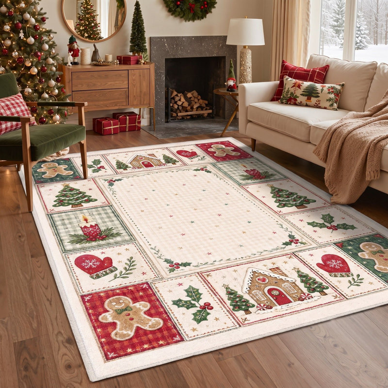 Tapis de salle à manger lavable à poils courts, motif de courtepointe de Noël, ivoire et vert, avec bougies et moufles.