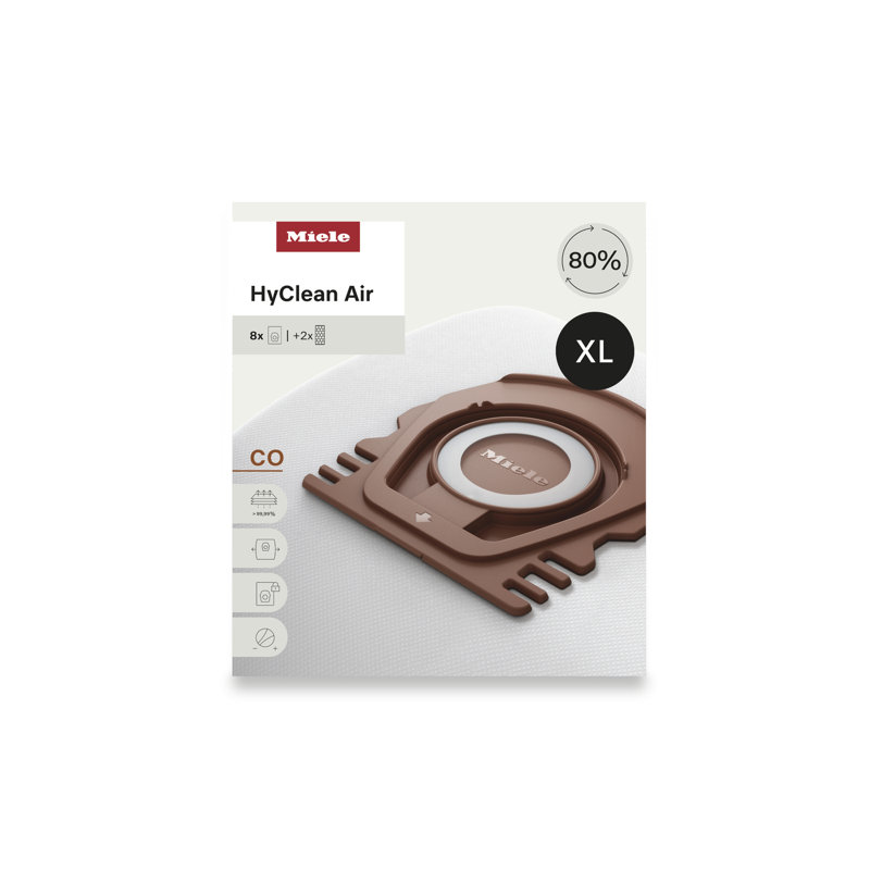 Miele HyClean Air CO Vacuum Cleaner Bags for Miele Guard M1 Vacuum Cleaners, XL Pack of 8 Vacuum Bags and 2 AirClean Exhaust Filters – 12909630