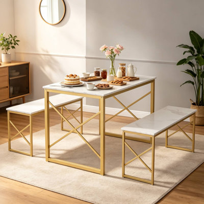 Ensemble de table de salle à manger 3 pièces 55 pouces avec bancs Aithan, ensemble de table de cuisine rustique pour petits espaces, ensemble de salle à manger de style campagne moderne avec banc pour cuisine et salle à manger
