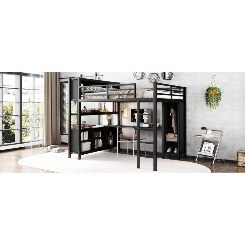 Grand lit en métal avec rangement Loft, garde-robe et bureau polyvalent, Noir