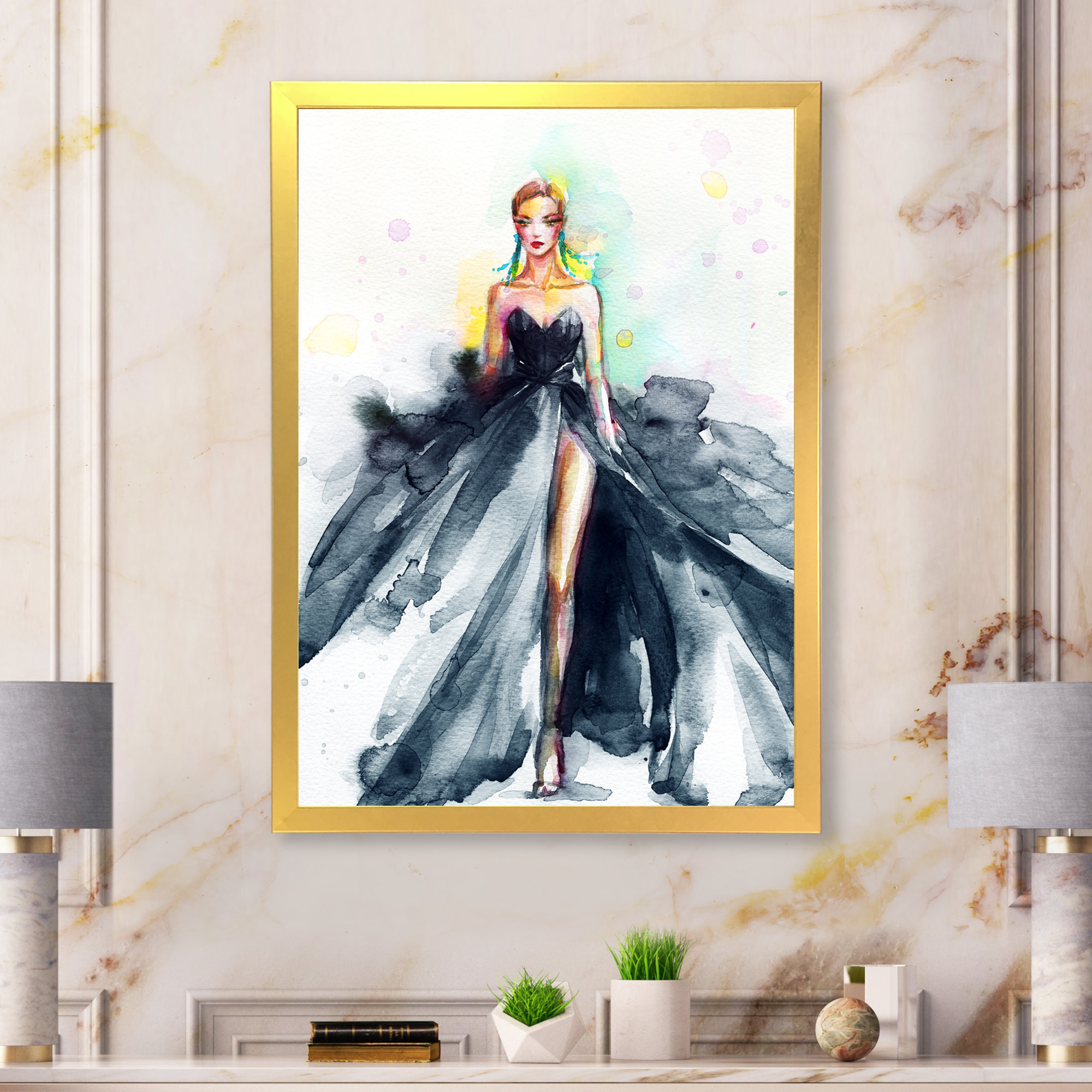House of Hampton® Black Elegant Fashion Woman Dress Framed On Canvas  Painting | Wayfair