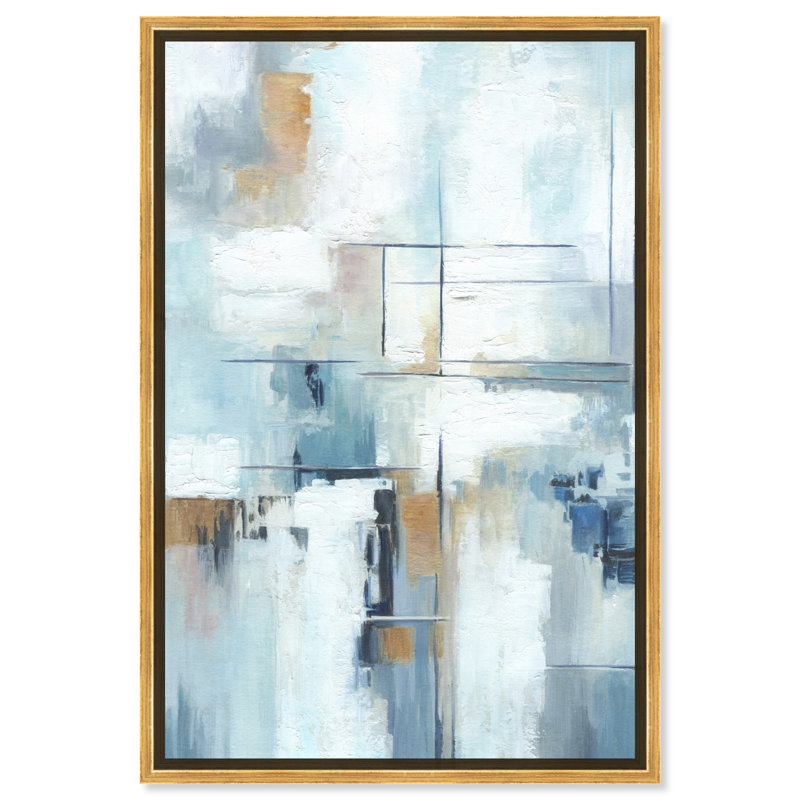 Blue Abstracts " House Of Lines II " by Art Remedy on Canvas, Gold Framed, 31" H x 21" W