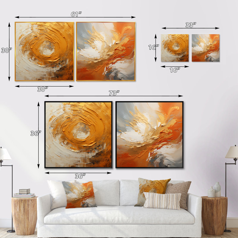 Zeste de citron doré - Spirale abstraite - ensemble de 2 collages carrés, H 16 po x l 33 po, Toile tendue
