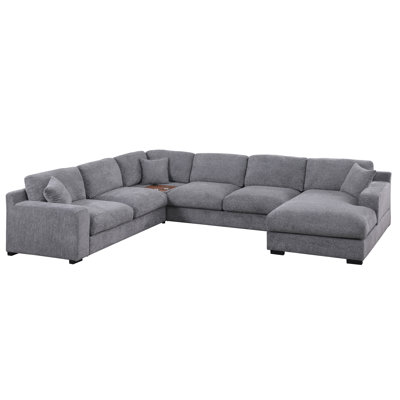 128"W Chenille Fabric Corner Sectional Sofa With Right-Facing Chaise, Cupholders, And Charging Ports