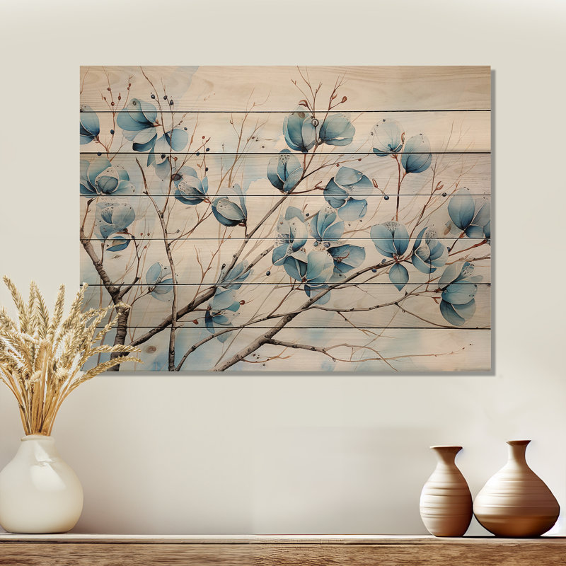 «Blue and Gray Leaves I», art mural sur bois de pin naturel, H 30 po x l 40 po