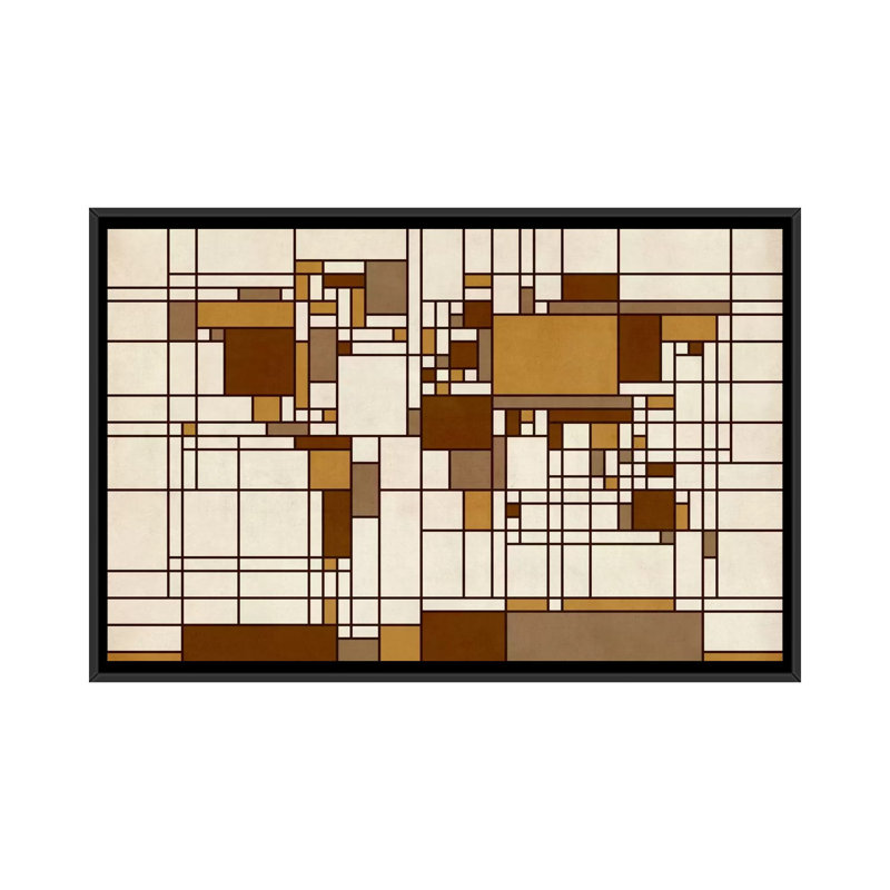 Carte du monde abstraite, style Mondrian, impression sur toile, H 18 po x l 26 po x P 1,5 po, Toile avec cadre flottant noir