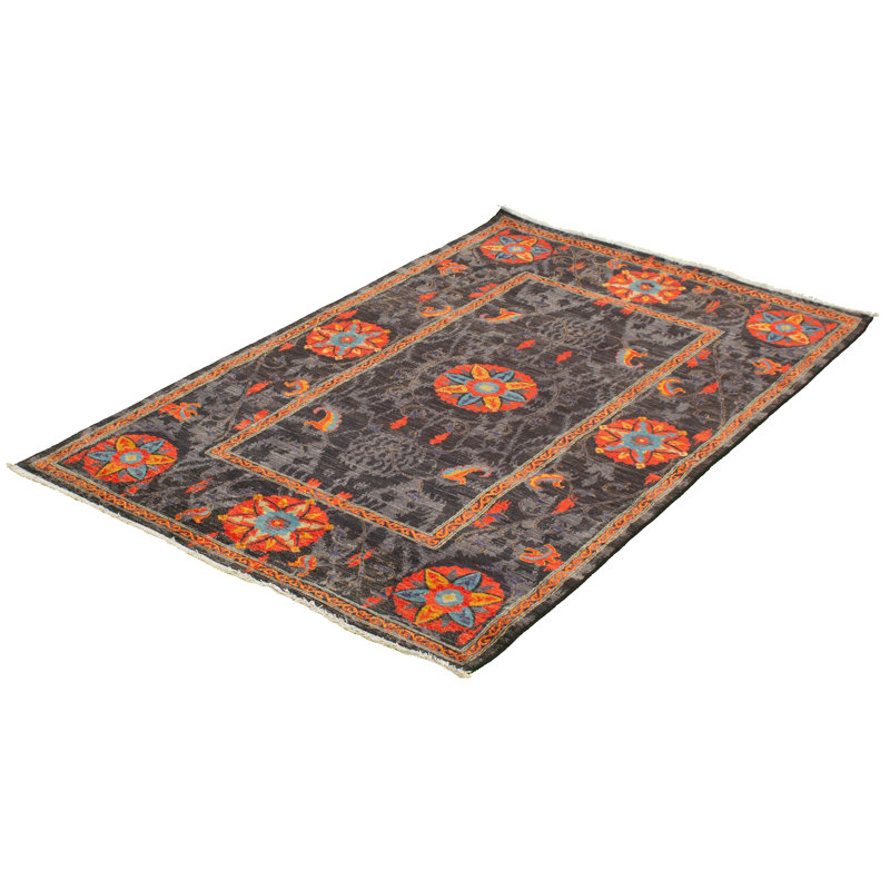 Tapis unique brun / orange en laine noué à la main de style années 2010 de 5 pi 1 po x 8 pi 4 po Sid