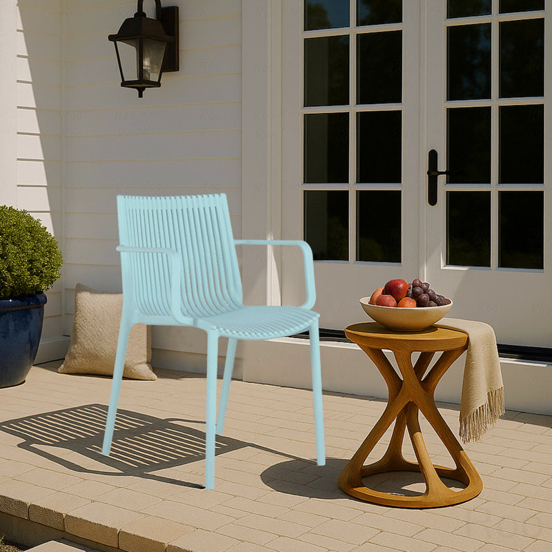 Indoor And Outdoor Armchair, Modern Stackable Plastic With Ergonomic Slatted Back Design, All-Weather PP Material, Blue