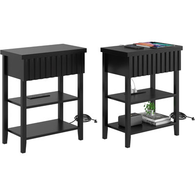 Table de chevet cannelée étroite - Ensemble de 2 - Tables de chevet modernes avec tiroir, tablettes de rangement et station de charge [Noir]