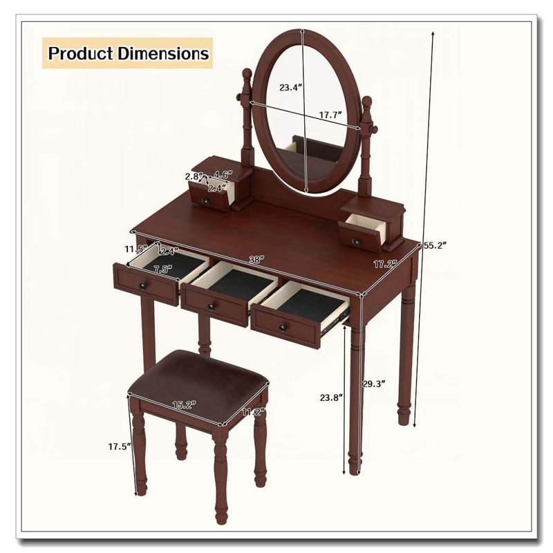 Ensemble de coiffeuse vintage avec miroir réglable et 5 tiroirs