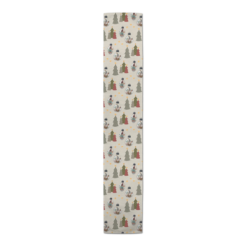 Gray Tree And Globe Pattern Table Runner, Cream, 90" x 16"