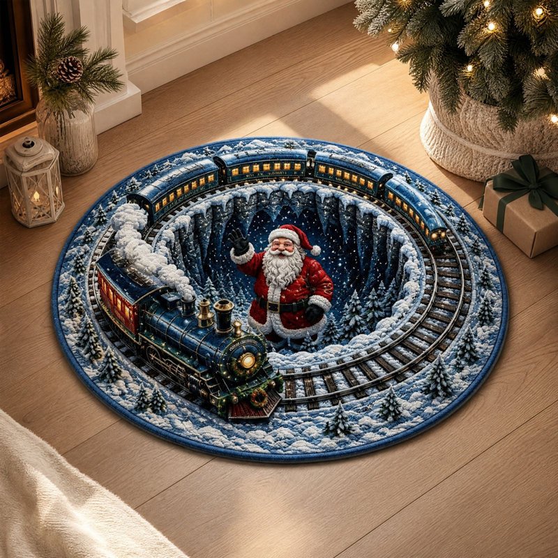 Tapis rond de Noël en velours cristal avec dos à pois, motif paysage d'hiver, décoration de Noël