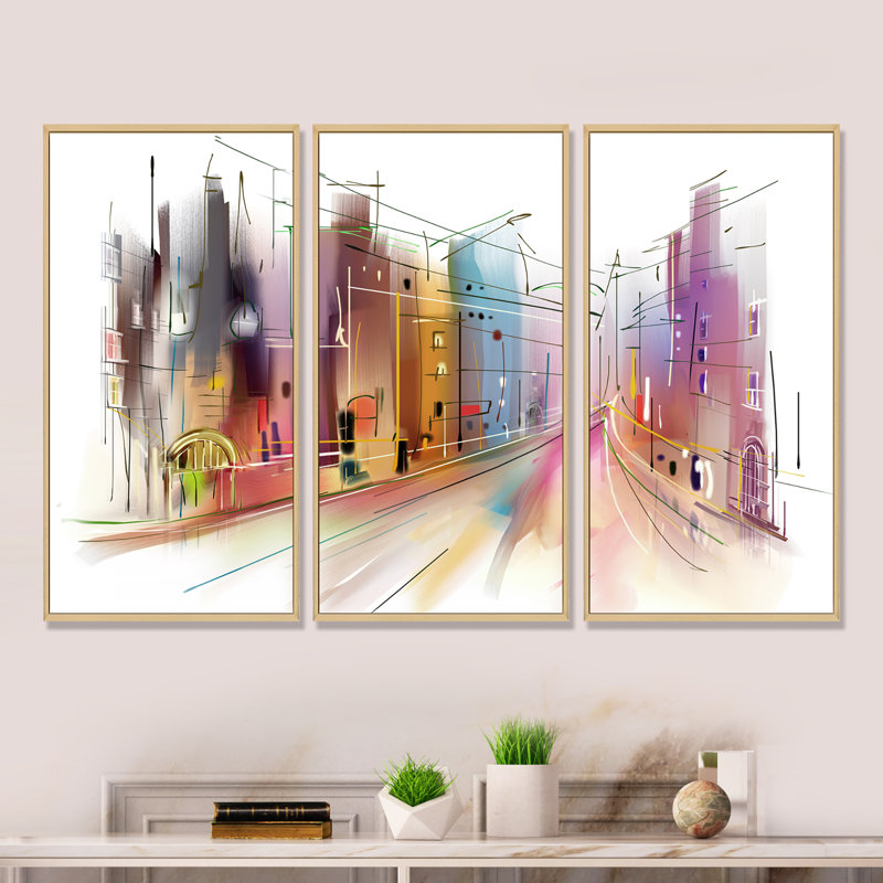 Road In City Art - 3 pièces, cadre flottant, impression sur toile, L 36 po x H 28 po, Cadre brun