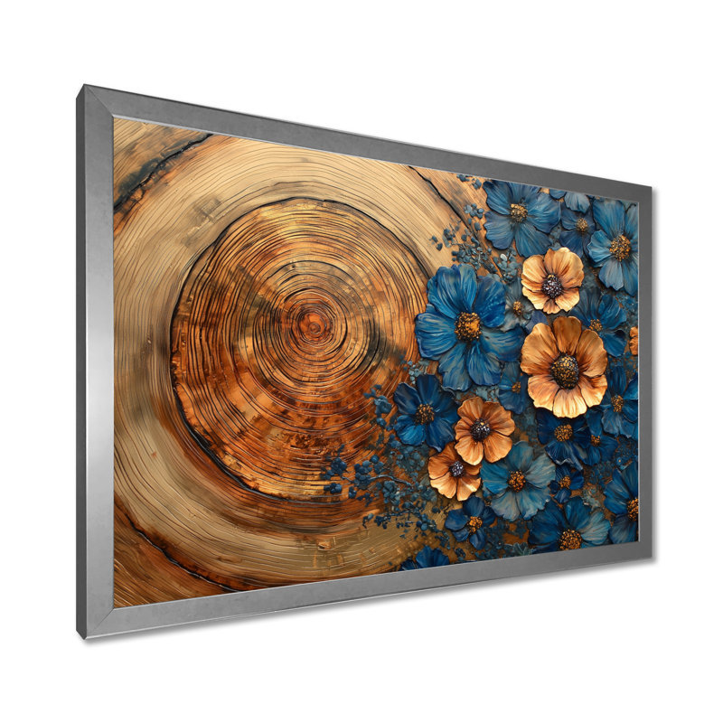 Fleurs bleues turquoise et paysage de rivière en bois I - Art mural bleuets, 30" H x 40" W, Single Picture Framed, Silver